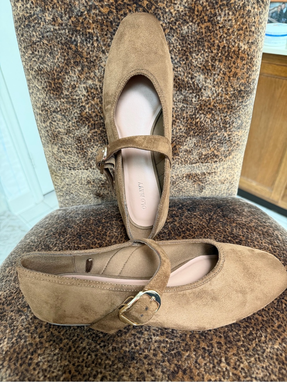 Nubuck Mary Jane Flats in Brown